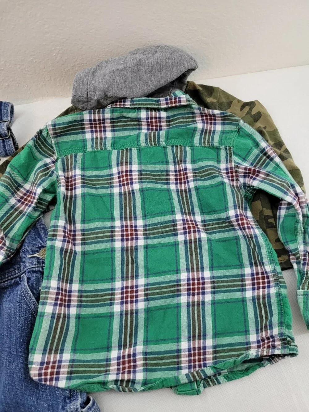 Boys 3 Lot of Carters Flannel Hoodie Garanimals Shirt, OshKosh Bib Overall Jeans